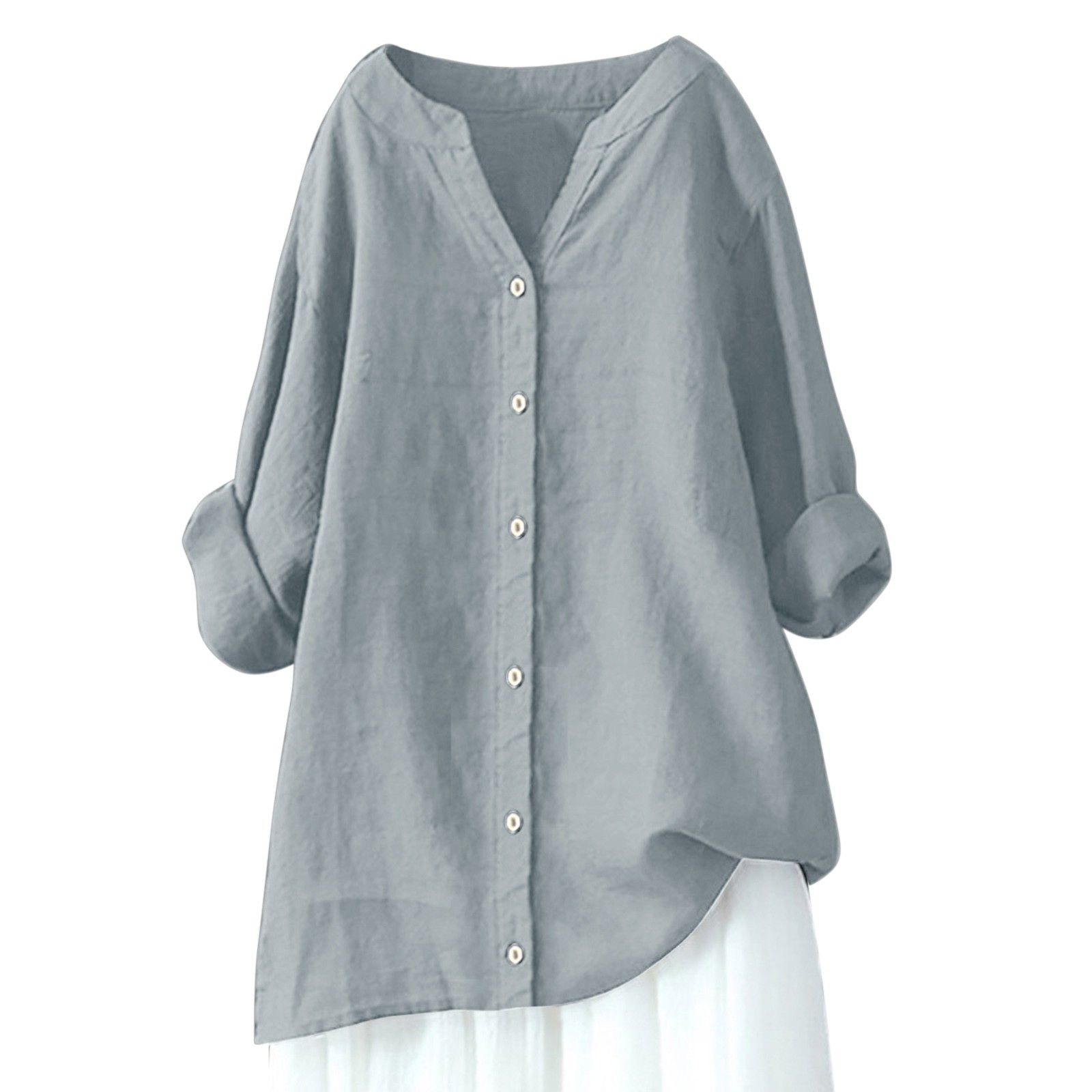 thumbnail image 4 of Blusa holgada con botones para mujer - Camisa informal de manga larga y color liso - Cuello en V, elegante, ideal para el trabajo diario y los viajes - Para todas las estaciones, tallas S-XXXXXL, 4 of 4